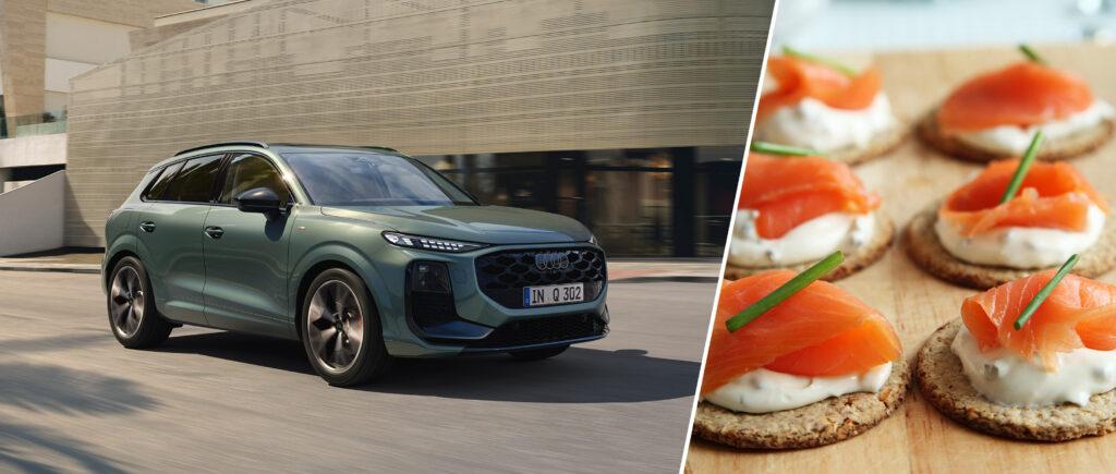 neuer Audi Q3 in grün metallic fährt an einem beigefarbenen Gebäude vorbei, rechts ist ein Einklinker-Bild mit Lachs-Häppchen zu sehen