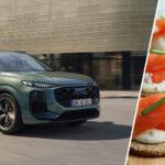 neuer Audi Q3 in grün metallic fährt an einem beigefarbenen Gebäude vorbei, rechts ist ein Einklinker-Bild mit Lachs-Häppchen zu sehen