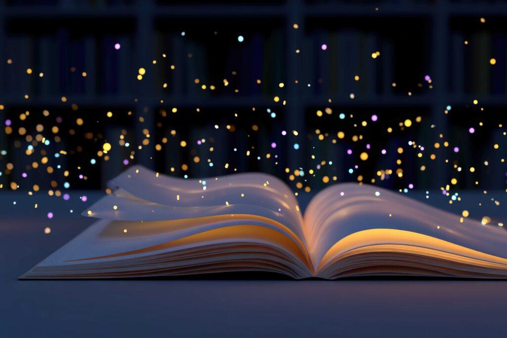 Adventsbasteln für Kinder 2 Ein aufgeschlagenes Buch leuchtet magisch, umgeben von funkelnden Lichtern. Am Weihnachtsmarkt im Autohaus Hans Maier findet eine Märchenerzählung statt.