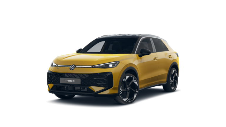 T-Roc R-Line Privatleasing 3 gelber VW T-Roc SUV R-Line, Front- und Seitenansicht, LED-Scheinwerfer, markanter Kühlergrill, große Felgen