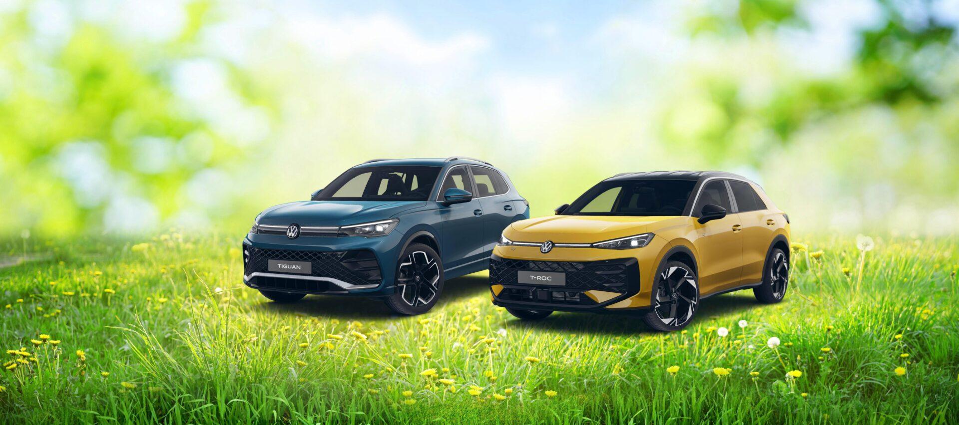 gelber T-Roc R-Line und blauer Tiguan R-Line stehen auf einer grünen Frühlingswiese mit Blumen und blauem Himmel