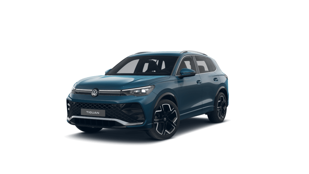 blauer Tiguan mit R-Line Ausstattung, dreiviertel Frontansicht
