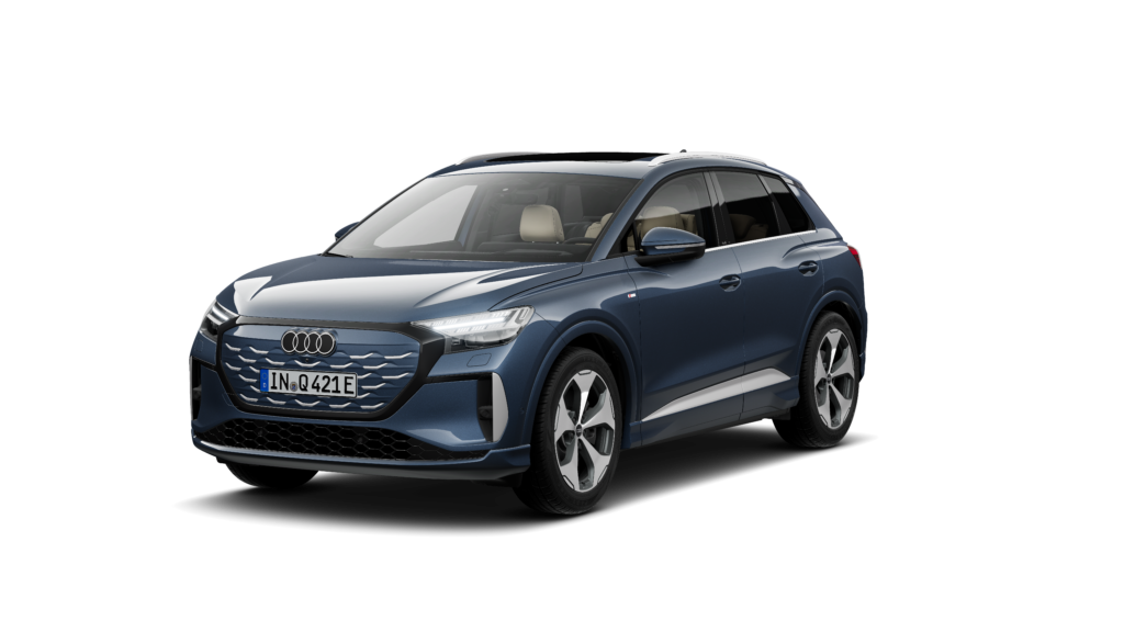 audi q4 e-tron suv in der Farbe blau mit Desingpaket Black