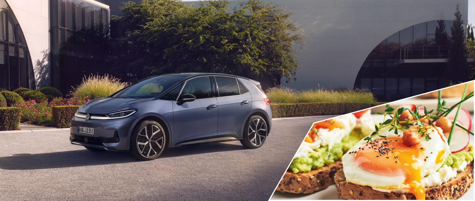 Bildcollage, links ist der neue VW ID.3 Neo vor einem modernen Gebäude auf einem gepflasterten Platz zu sehen und rechts ein paar schön dekorierte Brunch-Häppchen