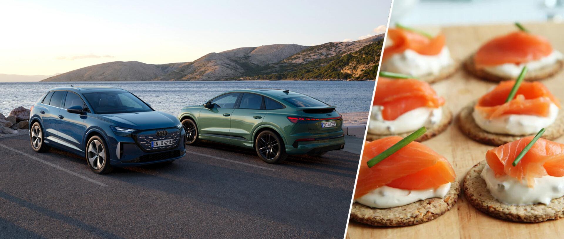 Bildcollage, links sind der neue Audi Q4 e-tron als SUV und Sportback an einem Parkplatz vor der Küste zu sehen und rechts ein paar schön dekorierte Canapes