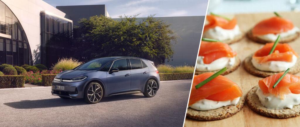 Bildcollage, links ist der neue VW ID.3 Neo vor einem modernen Gebäude auf einem gepflasterten Platz zu sehen und rechts ein paar schön dekorierte Lachs-Häppchen