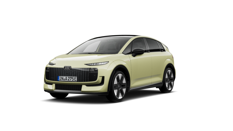 Audi A2 e-tron Privatleasing 7 Ein moderner, gelber Audi A2 e-tron mit eleganten Linien und einem futuristischen Design steht im Vordergrund.