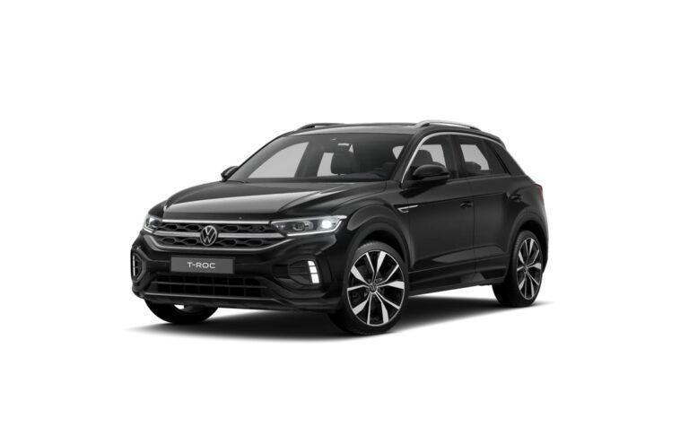 T-Roc R-Line Gewerbeleasing 9 Schwarzer Volkswagen T-Roc R-Line SUV von schräg vorne mit markanten Felgen und LED-Scheinwerfern