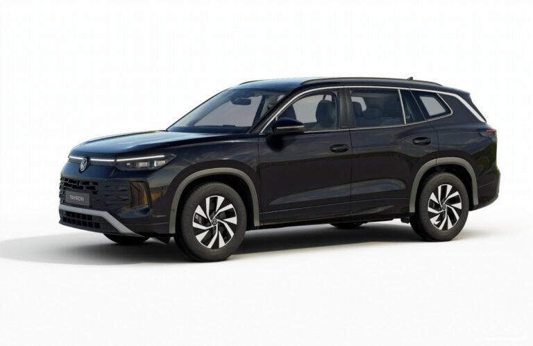 Tayron Elegance Gewerbeleasing 11 Schwarzer Tayron SUV mit markantem Kühlergrill, schmalen Scheinwerfern und fünf-speichigen Leichtmetallrädern
