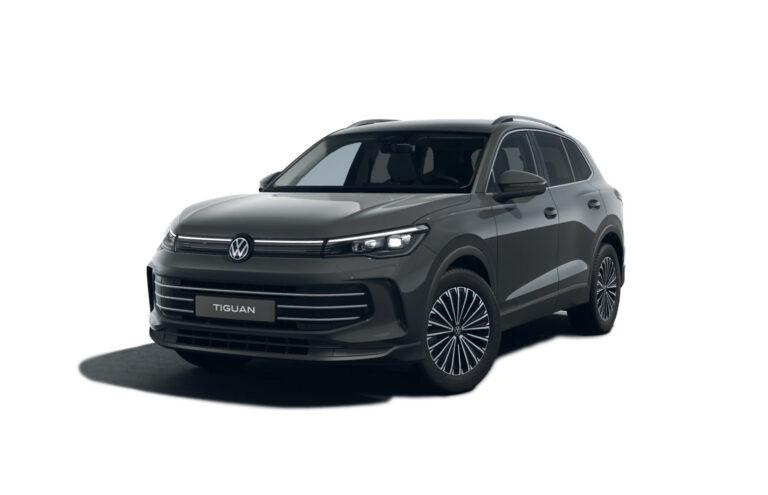 Tiguan Elegance Gewerbeleasing 7 Grauer Volkswagen Tiguan Elegance mit markantem Kühlergrill und schmalen LED-Scheinwerfern in Dreiviertelansicht von vorne rechts
